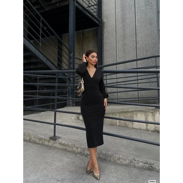 Kadın Uzun Kollu Kruvaze Yaka Büzgü Ve Balon Kol Detay Krep Kumaş axi Boy Elbise