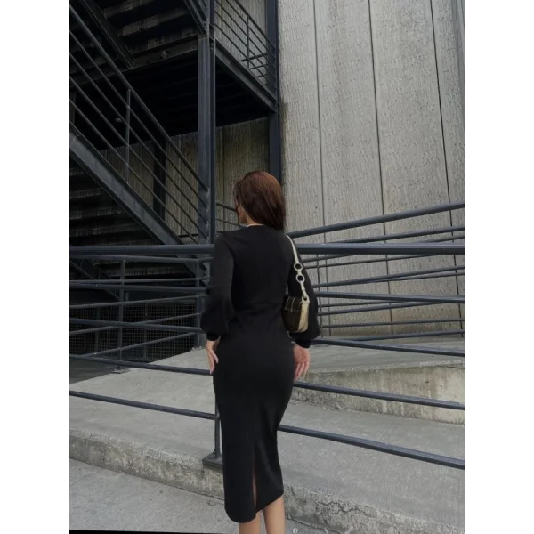 Kadın Uzun Kollu Kruvaze Yaka Büzgü Ve Balon Kol Detay Krep Kumaş axi Boy Elbise