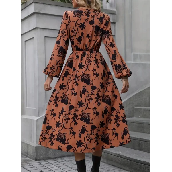 Kadın Uzun Kollu Kruvaze Yaka çiçek Baskılı Yırtmaçlı Midi Süprem Elbise