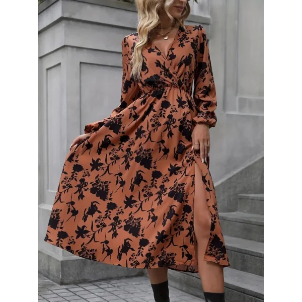 Kadın Uzun Kollu Kruvaze Yaka çiçek Baskılı Yırtmaçlı Midi Süprem Elbise