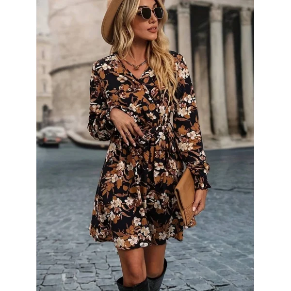 Kadın Uzun Kollu Kruvaze Yaka çiçek Desenli Dalgıç Elbise