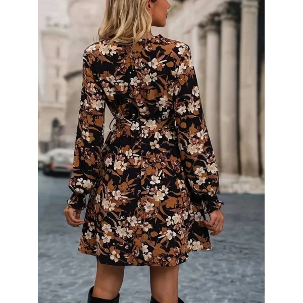 Kadın Uzun Kollu Kruvaze Yaka çiçek Desenli Dalgıç Elbise