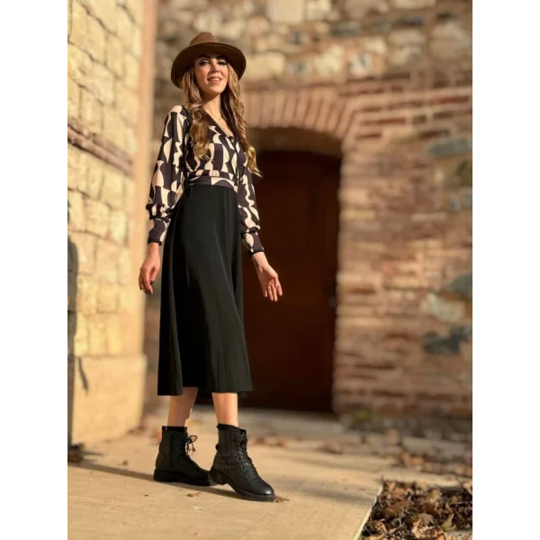 Kadın Uzun Kollu Kruvaze Yaka Dalgıç Krep Midi Boy Elbise