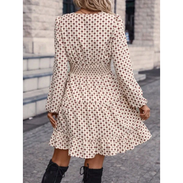 Kadın Uzun Kollu Kruvaze Yaka Desenli Mini Modal Elbise
