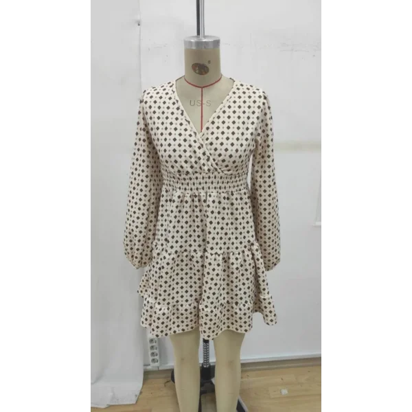 Kadın Uzun Kollu Kruvaze Yaka Desenli Mini Modal Elbise