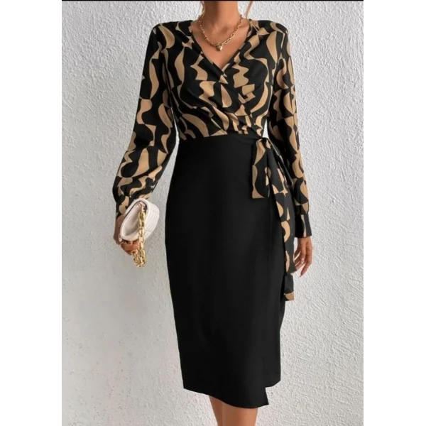 Kadın Uzun Kollu Kruvaze Yaka Dijital Baskılı Fiyonk Detay Atlas Kumaş Elbise