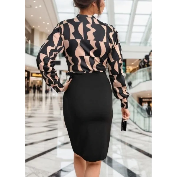 Kadın Uzun Kollu Kruvaze Yaka Dijital Baskılı Fiyonk Detay Atlas Kumaş Elbise