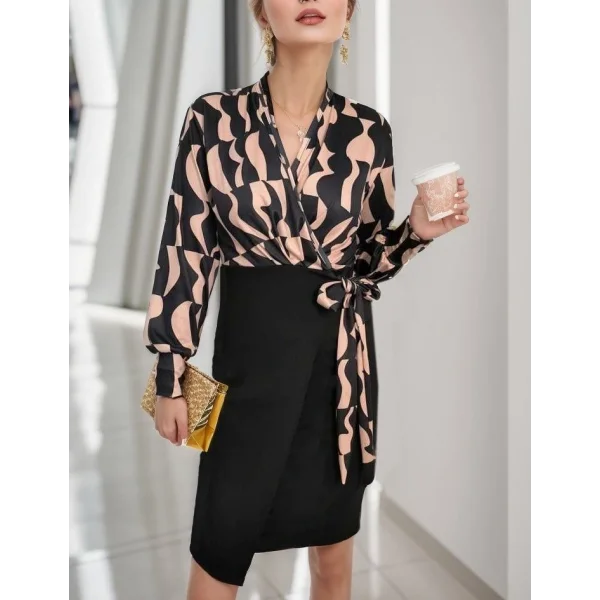 Kadın Uzun Kollu Kruvaze Yaka Dijital Baskılı Fiyonk Detay Atlas Kumaş Elbise