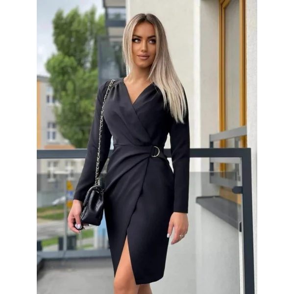 Kadın Uzun Kollu Kruvaze Yaka Etek Kruvaze Kesim Bel Toka Detaylı Krep Elbise