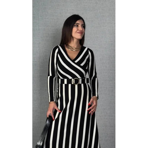 Kadın Uzun Kollu Kruvaze Yaka Kemer Dahil çizgili Triko Elbise