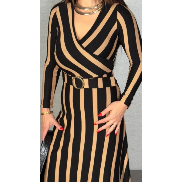 Kadın Uzun Kollu Kruvaze Yaka Kemer Dahil çizgili Triko Elbise