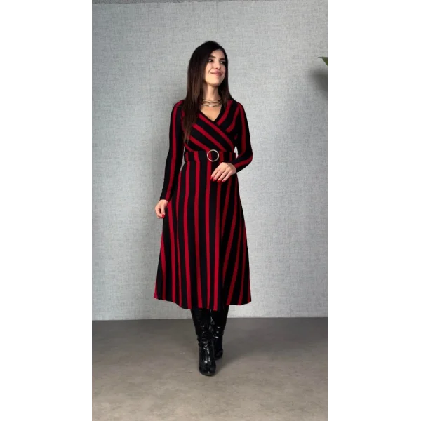 Kadın Uzun Kollu Kruvaze Yaka Kemer Dahil çizgili Triko Elbise