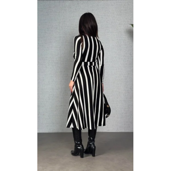 Kadın Uzun Kollu Kruvaze Yaka Kemer Dahil çizgili Triko Elbise