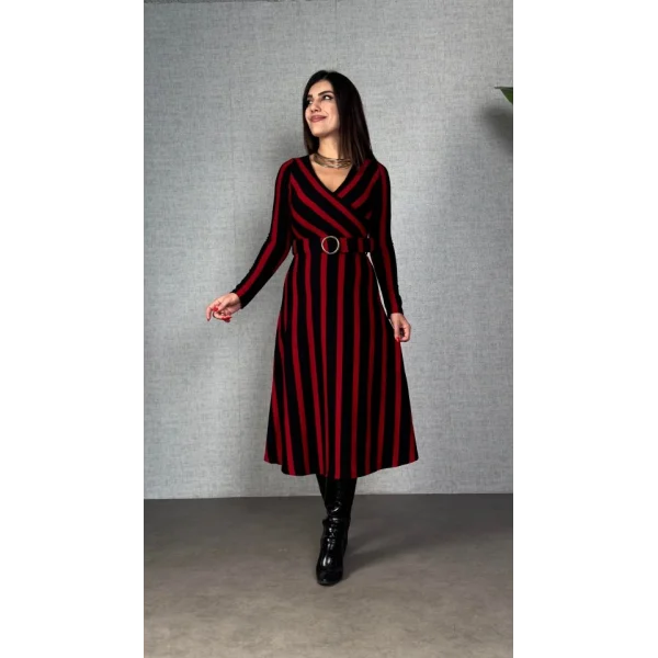 Kadın Uzun Kollu Kruvaze Yaka Kemer Dahil çizgili Triko Elbise