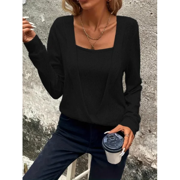 Kadın Uzun Kollu Kruvaze Yaka Kol Ve Etek Ucu Manşet Detay Yumoş Bluz