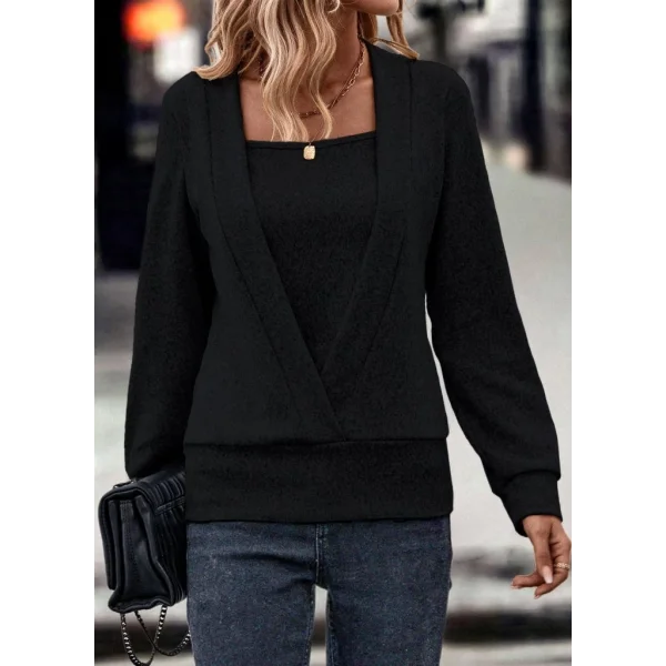 Kadın Uzun Kollu Kruvaze Yaka Kol Ve Etek Ucu Manşet Detay Yumoş Bluz