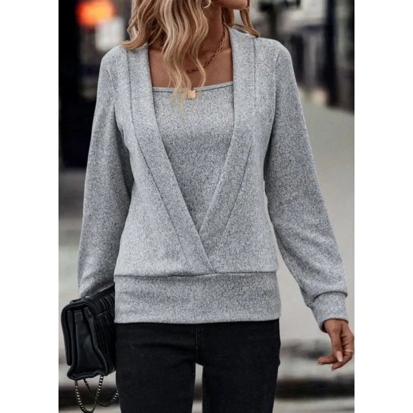 Kadın Uzun Kollu Kruvaze Yaka Kol Ve Etek Ucu Manşet Detay Yumoş Bluz