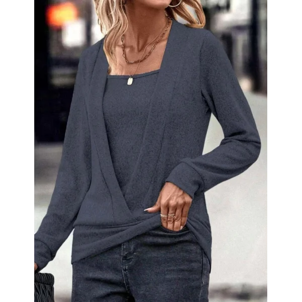 Kadın Uzun Kollu Kruvaze Yaka Kol Ve Etek Ucu Manşet Detay Yumoş Bluz