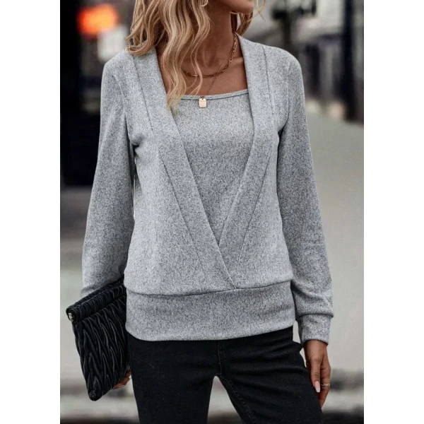 Kadın Uzun Kollu Kruvaze Yaka Kol Ve Etek Ucu Manşet Detay Yumoş Bluz