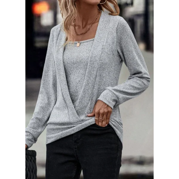 Kadın Uzun Kollu Kruvaze Yaka Kol Ve Etek Ucu Manşet Detay Yumoş Bluz