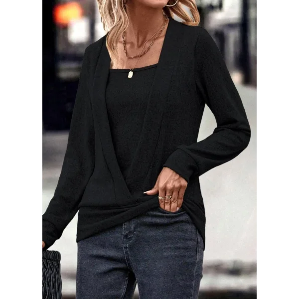 Kadın Uzun Kollu Kruvaze Yaka Kol Ve Etek Ucu Manşet Detay Yumoş Bluz