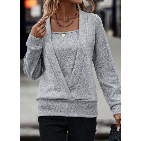 Kadın Uzun Kollu Kruvaze Yaka Kol Ve Etek Ucu Manşet Detay Yumoş Bluz