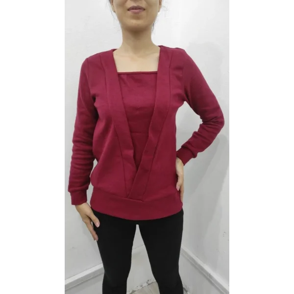 Kadın Uzun Kollu Kruvaze Yaka Kol Ve Etek Ucu Manşet Detay Yumoş Bluz