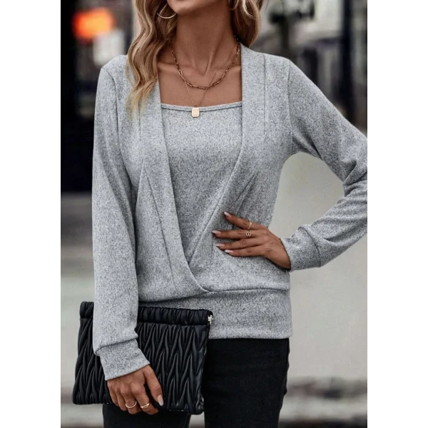 Kadın Uzun Kollu Kruvaze Yaka Kol Ve Etek Ucu Manşet Detay Yumoş Bluz