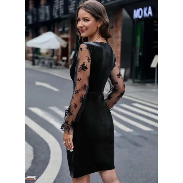 Kadın Uzun Kollu Kruvaze Yaka Kollar Tül Detay Beli Lastikli Kadife Mini Boy Elbise