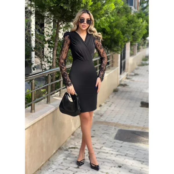 Kadın Uzun Kollu Kruvaze Yaka Kollar Tül Detay Krep Mini Boy Elbise