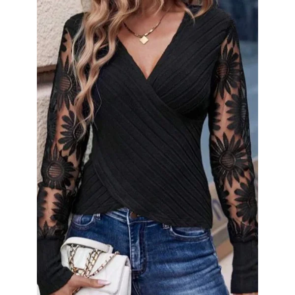 Kadın Uzun Kollu Kruvaze Yaka Kolları çiçek Tül Desenli şardonlu Kaşkorse Bluz