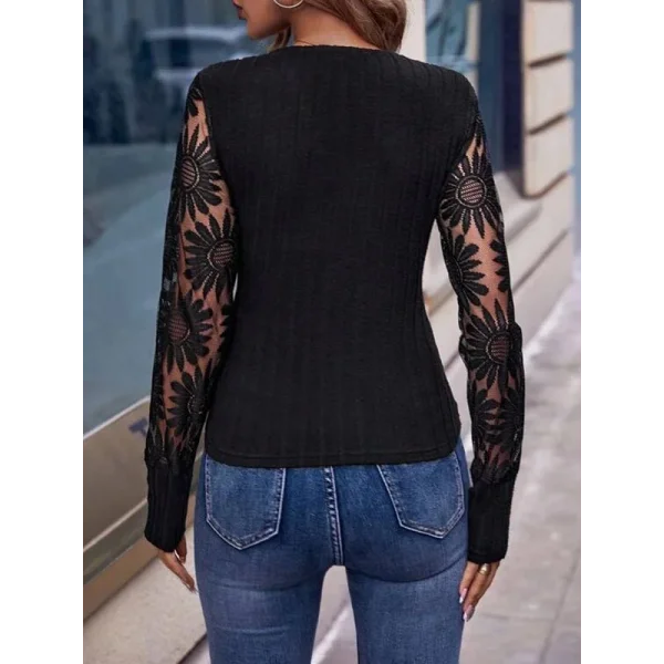 Kadın Uzun Kollu Kruvaze Yaka Kolları çiçek Tül Desenli şardonlu Kaşkorse Bluz