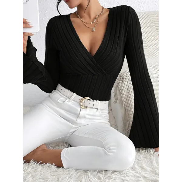 Kadın Uzun Kollu Kruvaze Yaka Kolları Ispanyol şardonlu Kaşkorse Bluz