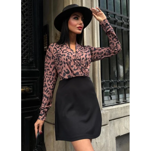 Kadın Uzun Kollu Kruvaze Yaka Krep Mini Boy Elbise