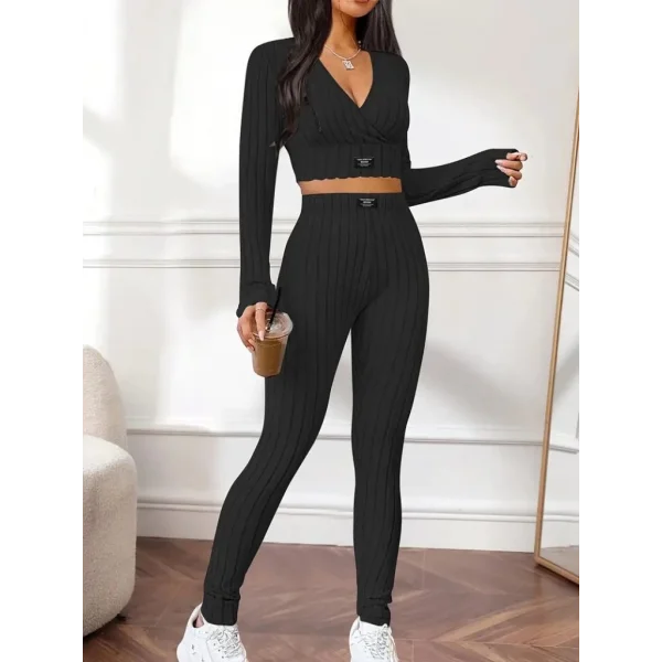 Kadın Uzun Kollu Kruvaze Yaka Krop şardonlu Kaşkorse Bluz Ve Tayt Ikili Takım