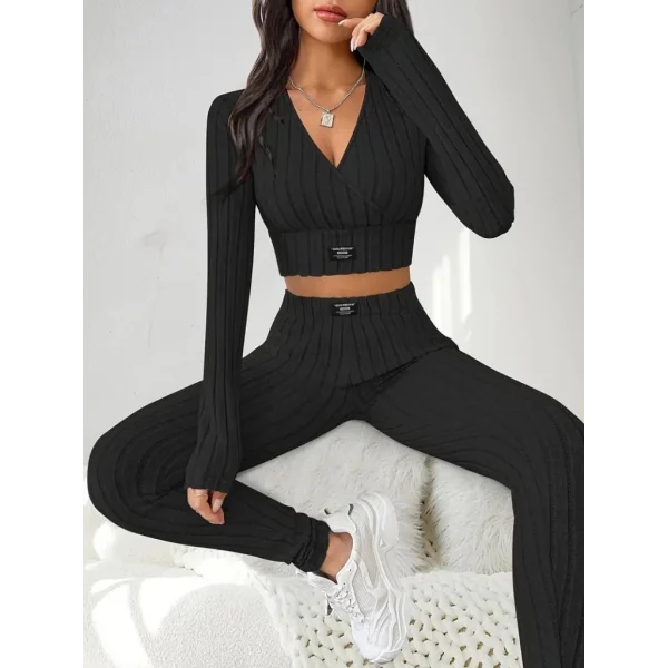 Kadın Uzun Kollu Kruvaze Yaka Krop şardonlu Kaşkorse Bluz Ve Tayt Ikili Takım
