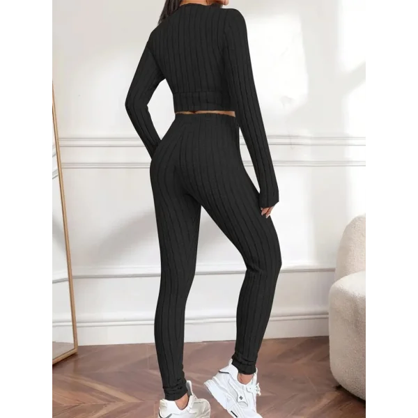 Kadın Uzun Kollu Kruvaze Yaka Krop şardonlu Kaşkorse Bluz Ve Tayt Ikili Takım