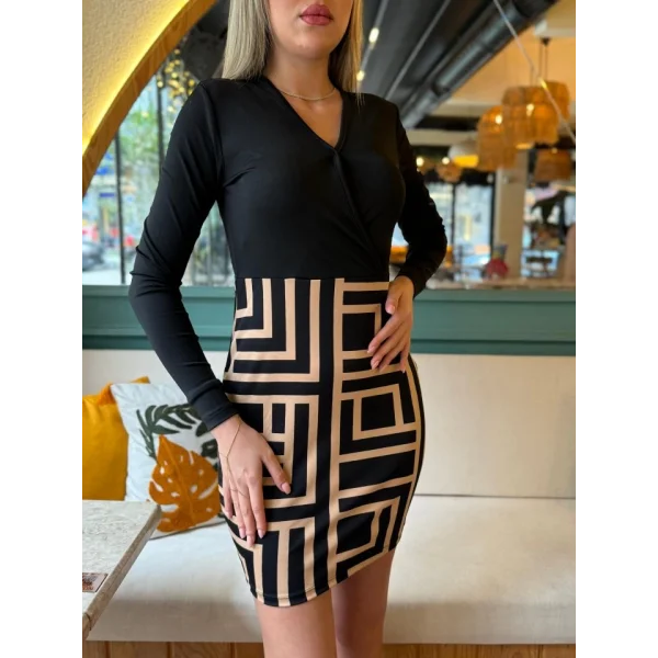 Kadın Uzun Kollu Kruvaze Yaka Labirent Desen Dalgıç Elbise
