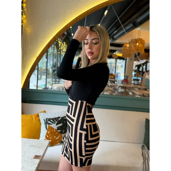 Kadın Uzun Kollu Kruvaze Yaka Labirent Desen Dalgıç Elbise