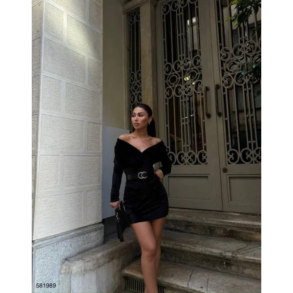 Kadın Uzun Kollu Kruvaze Yaka Omuz Dekolteli Kemer Dahil Mini Kadife Elbise