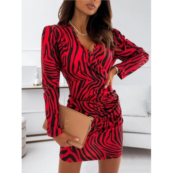 Kadın Uzun Kollu Kruvaze Yaka ön Kısım Büzgülü Dalgıç Mini Boy Elbise