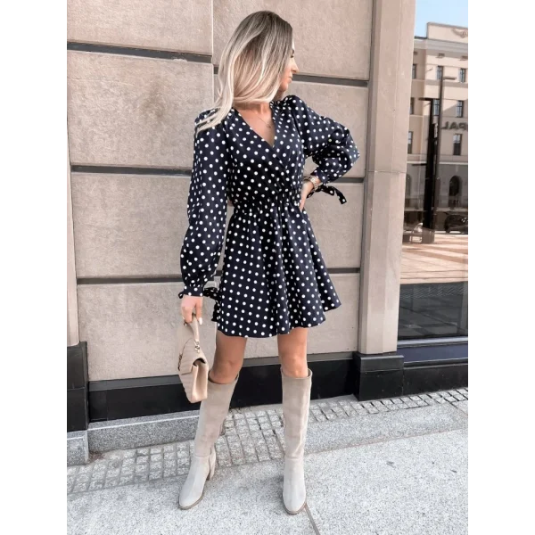Kadın Uzun Kollu Kruvaze Yaka Puantiyeli Desen Krep Mini Boy Elbise