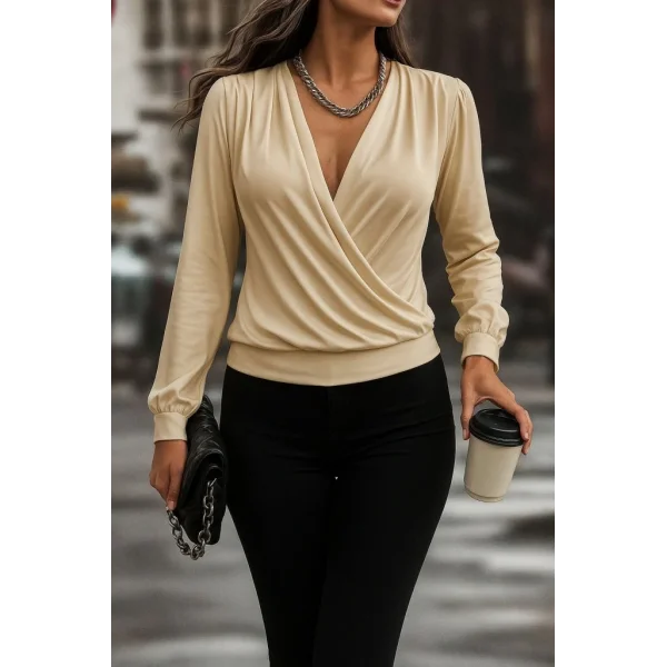 Kadın Uzun Kollu Kruvaze Yaka Sandy Bluz