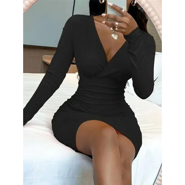 Kadın Uzun Kollu Kruvaze Yaka Sandy Mini Elbise