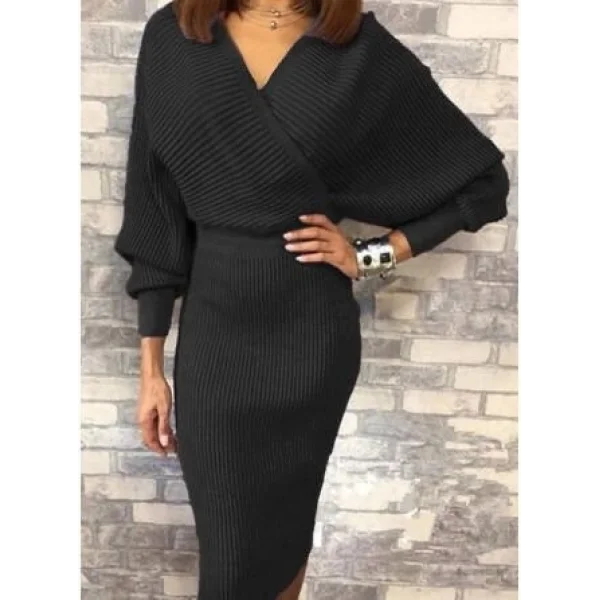 Kadın Uzun Kollu Kruvaze Yaka Triko Elbise