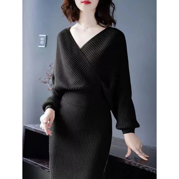 Kadın Uzun Kollu Kruvaze Yaka Triko Elbise