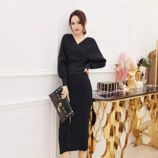 Kadın Uzun Kollu Kruvaze Yaka Triko Elbise