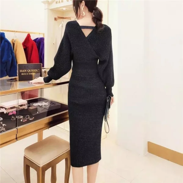 Kadın Uzun Kollu Kruvaze Yaka Triko Elbise