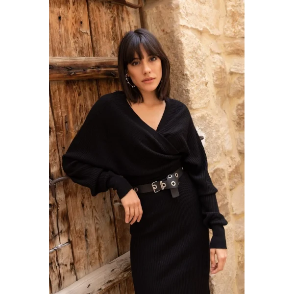 Kadın Uzun Kollu Kruvaze Yaka Triko Elbise