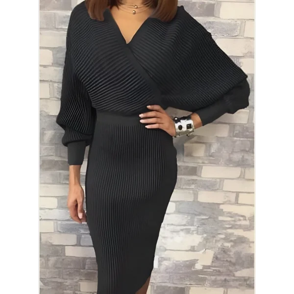 Kadın Uzun Kollu Kruvaze Yaka Triko Elbise